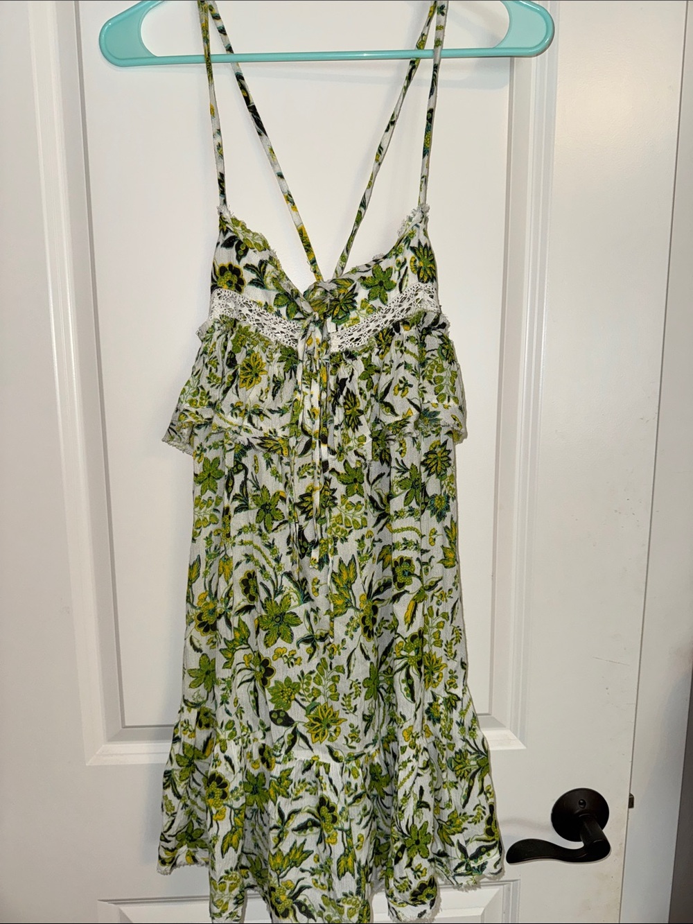 Free People Green and Yellow Floral Lace-Trim Top